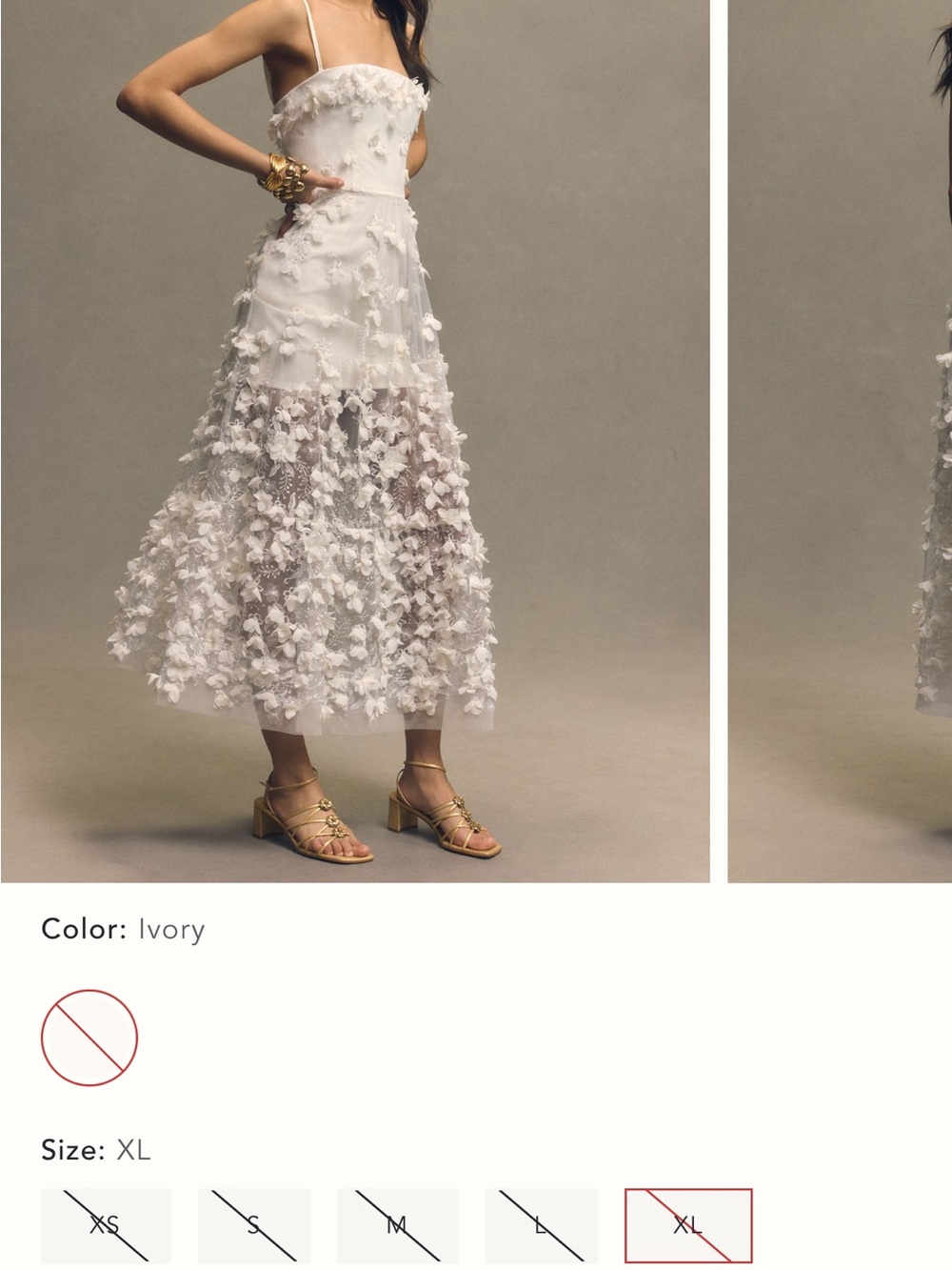 Ivory Floral Appliqué Midi Dress with Spaghetti Straps